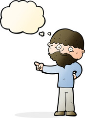 cartoon bearded man pointing with thought bubble