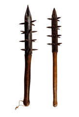 Mace weapon of wood with metal spikes on an isolated transparent background.