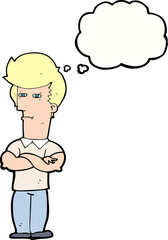 cartoon man with folded arms with thought bubble