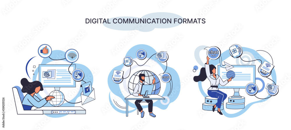 Wall mural digital communication formats metaphor, content online data and social media streaming. abstract mod