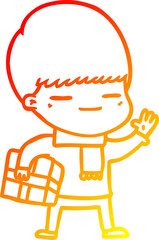 warm gradient line drawing cartoon smug boy carrying present