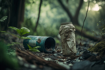 Obraz premium Pollution environment. Plastic garbage in forest. Save planet. Ecological problems. Long decaying waste in nature. Rubbish in the nature. generated ai