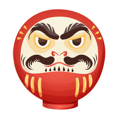 Daruma red traditional japan doll talisman with angry face, geld elements in cartoon style isolated on white background.