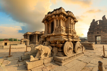 The stone chariot with ancient medieval architecture at the Vijaya Vittala temple at Hampi...