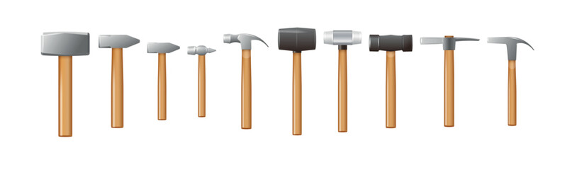 Set of hammers with a wooden handle. Vector industrial workers tool. Equipment for repair, contract and locksmith work. Vector