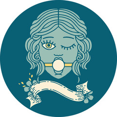 icon with banner of winking female face with ball gag