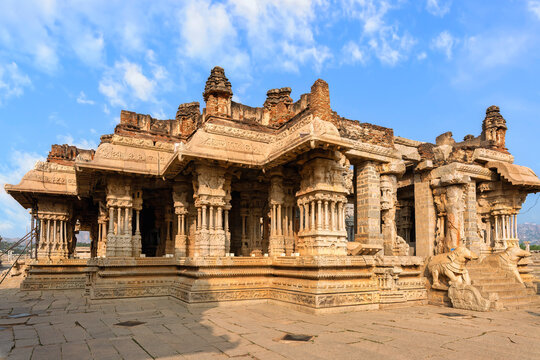 Beautiful Medieval Stone Architecture With Intricate Carvings Inside Vijaya Vittala Temple At Hampi, Karnataka, India