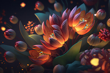 Fantasy Tulips flower, plant and leaves floral background
