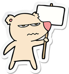 sticker of a angry bear cartoon holding placard
