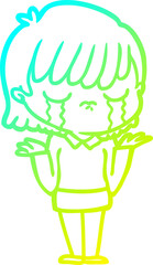 cold gradient line drawing cartoon woman crying