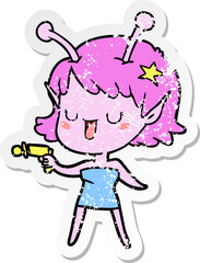 distressed sticker of a happy alien girl cartoon