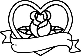 black line tattoo of a heart rose and banner