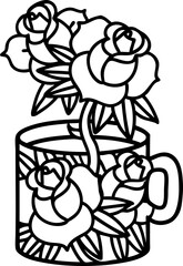 black line tattoo of a cup and flowers