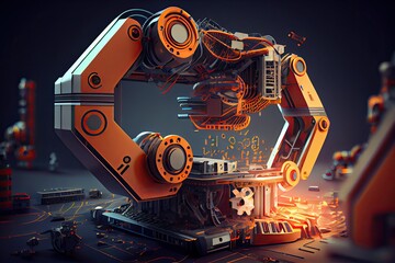Industrial 4.0, AI generated, close up of modern factory machinery with robotic hand