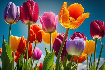 Colorful tulip flowers on a sunny day background