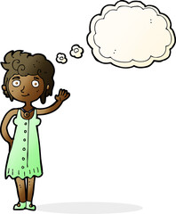 cartoon hippie woman waving with thought bubble