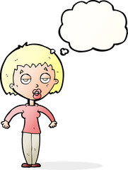 cartoon woman shrugging shoulders with thought bubble