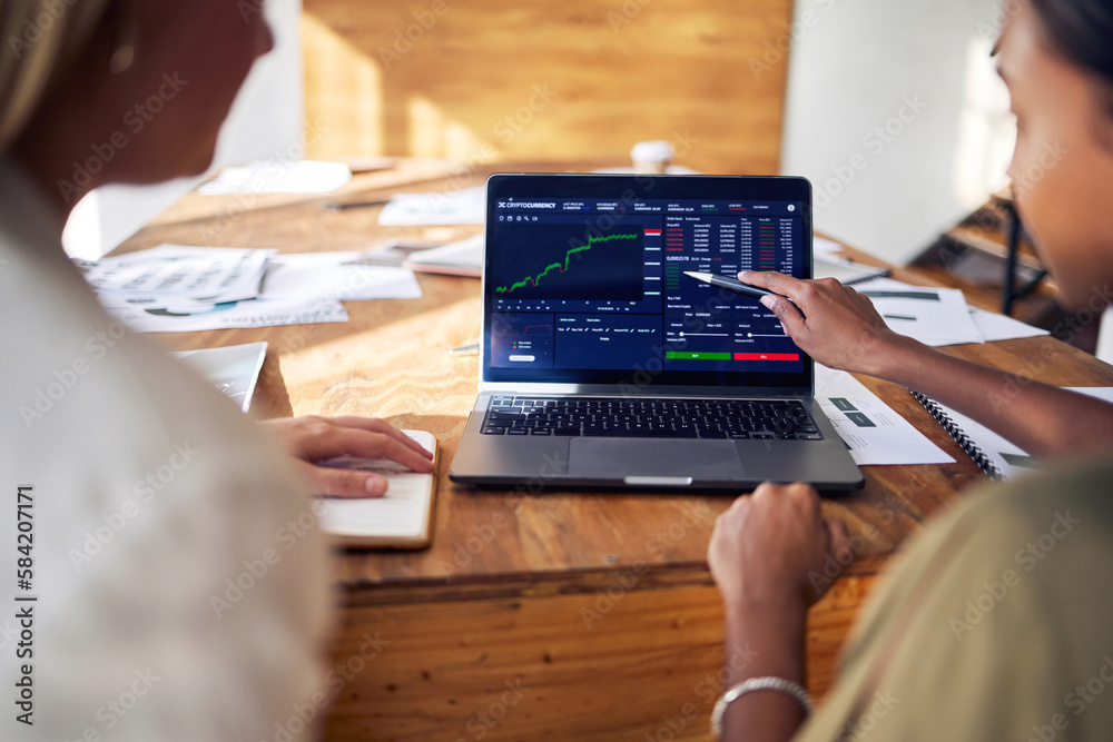 Aufkleber computer screen, stock market and people hands in meeting, data analytics or statistics analysis of 