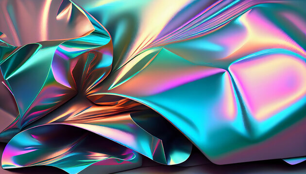 Mesmerizing Iridescent Holographic Texture: Wrinkled Foil Background with Light Reflections and Shimmering Colors