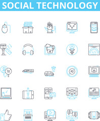 Social technology vector line icons set. social, technology, media, networking, marketing, collaboration, software illustration outline concept symbols and signs