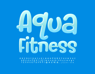 Vector sporty sign Aqua Fitness with Blue artistic Font. Set of creative Alphabet Letters, Numbers and Symbols