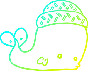 cold gradient line drawing cartoon whale wearing hat