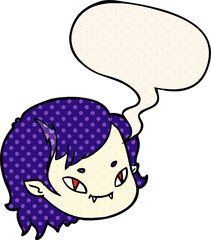 cartoon vampire girl face and speech bubble in comic book style