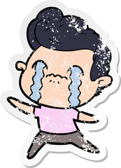 distressed sticker of a cartoon man crying