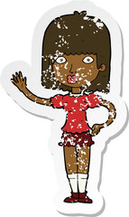 retro distressed sticker of a cartoon woman waving