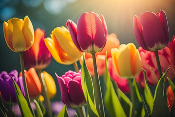 Fototapeta premium Colorful tulip flowers on a sunny day background