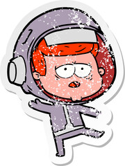 distressed sticker of a cartoon tired astronaut