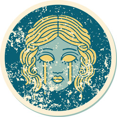 distressed sticker tattoo style icon of female face crying