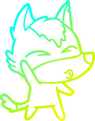 cold gradient line drawing cartoon waving wolf whistling