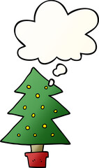 cartoon christmas tree and thought bubble in smooth gradient style