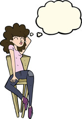 cartoon woman posing on chair with thought bubble