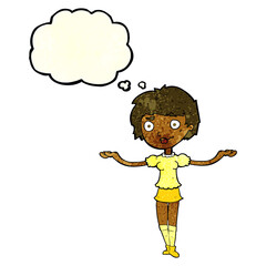 cartoon woman spreading arms with thought bubble