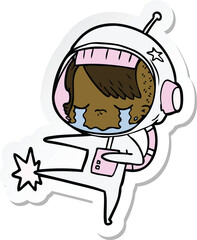 sticker of a cartoon crying astronaut girl kicking