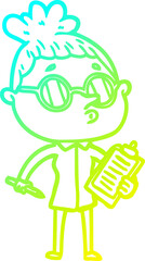 cold gradient line drawing cartoon woman wearing glasses
