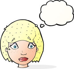 cartoon worried female face with thought bubble