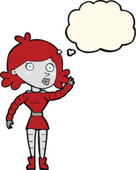 cartoon robot woman waving with thought bubble