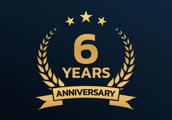 Naklejka premium 6 year anniversary laurel wreath logo or icon. Jubilee, birthday badge, label or emblem. 6th celebration design element. Vector illustration.