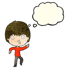 cartoon impressed boy pointing with thought bubble