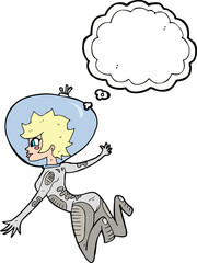 cartoon space woman with thought bubble
