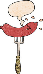 cartoon happy sausage on fork and speech bubble in retro texture style