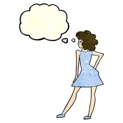 cartoon woman posing in dress with thought bubble