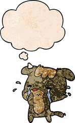 cartoon sad dog and thought bubble in grunge texture pattern style