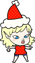 pretty comic book style illustration of a elf girl wearing santa hat