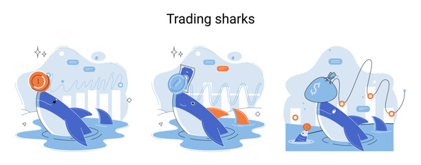Shark emerges from water and holds gold coins on its nose. Trading hamsters and sharks metaphor set. Fake data for business valuation. Inexperienced investor, bad investment, experienced traders