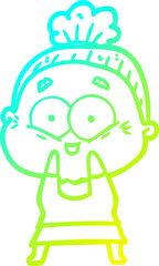 cold gradient line drawing cartoon happy old woman