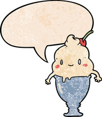 cute cartoon ice cream and speech bubble in retro texture style
